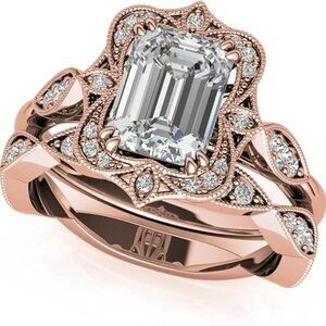 Rose Gold Antique Vintage Halo Emerald Cut Moissanite Engagement Ring Handmade